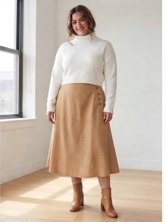 Olsen Dresses & Skirts - Olsen 100% Linen Midi Skirt with Cotton Lining Size XL Camel Tan Elastic Waist